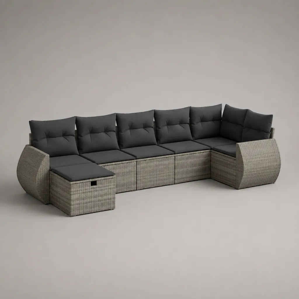 Set divano da giardino modulare a 7 posti con poggiapiedi in resina intrecciata in PE, grigio chiaro e antracite, 320 × 200 × 85 cm