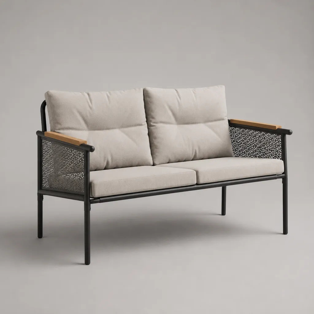 Divano esterno 2 sedili in tessuto in acciaio, beige e legno, 130 × 70 × 82 cm