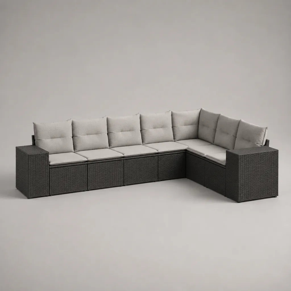 Divano esterno angolo giardino 6 posti a forma di L, resina intrecciata e acciaio antracite, cuscini grigio chiaro, 270 × 200 × 74 cm