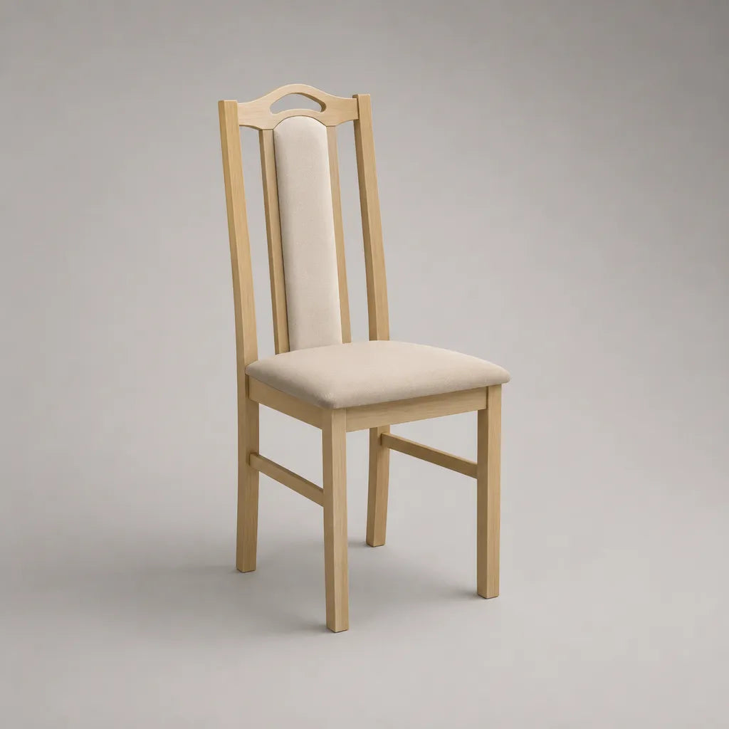 Sedia imbottita in faggio massello, tessuto beige e legno naturale, 45 × 50 × 103 cm