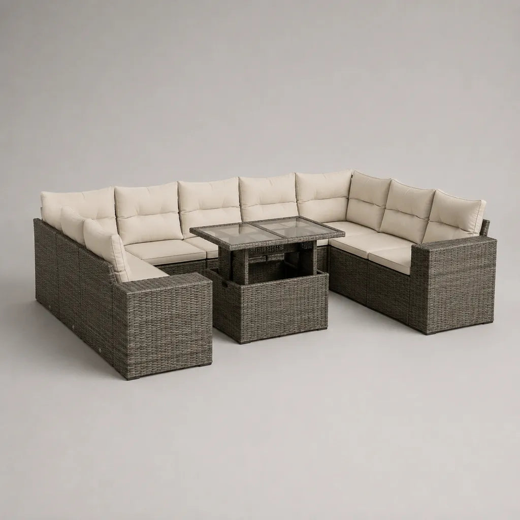 Soggiorno esterno modulare 9 posti in resina intrecciata con tavolo in vetro e poggiapiedi, grigio e beige, 270 × 210 × 75 cm