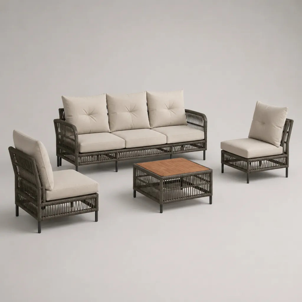 Giardino esterno soggiorno 4 locali in tessuto polietilene opaco grigio e metallo con cuscini beige, divano 190 × 75 × 77 cm, poltrone 70 × 75 × 77 cm e tavolo 80 × 80 × 40 cm