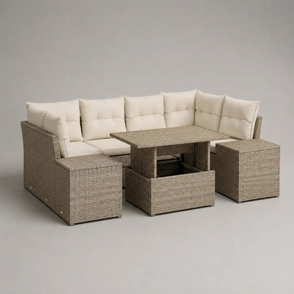 Soggiorno esterno in U 8 posti a sedere in resina intrecciata e acciaio, talpa e bianco rotto, 230 × 170 × 75 cm