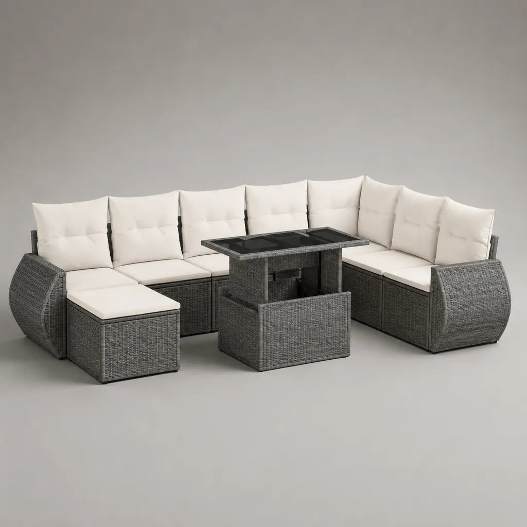 Angolo giardino in U 10 pezzi, 9 posti a sedere, resina grigia intrecciata con cuscini ecru, tavolo 120 × 70 × 66 cm, dimensioni totali 276 × 216 × 88 cm