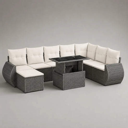 Angolo giardino in U 10 pezzi, 9 posti a sedere, resina grigia intrecciata con cuscini ecru, tavolo 120 × 70 × 66 cm, dimensioni totali 276 × 216 × 88 cm