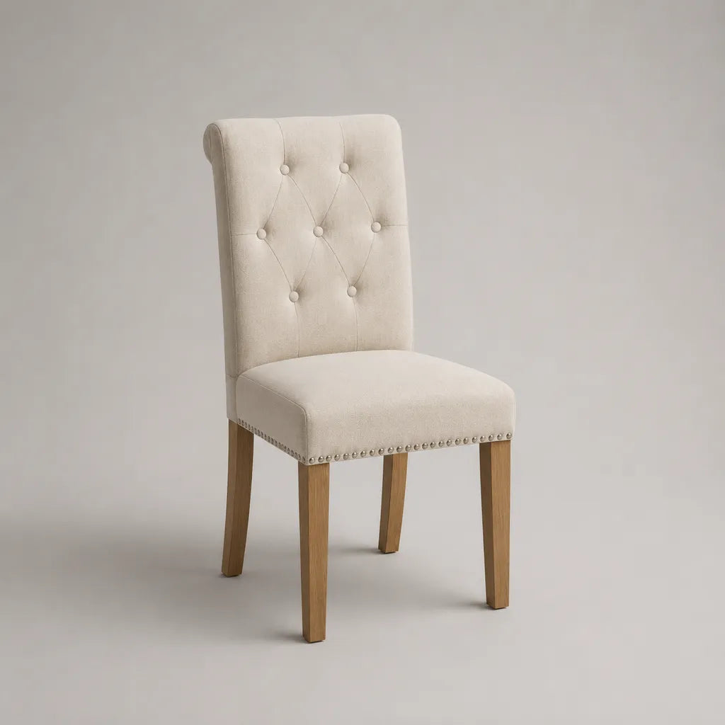 Sedia imbottita in tessuto posteriore imbottito, piedi in legno naturale, 47 × 58 × 101 cm