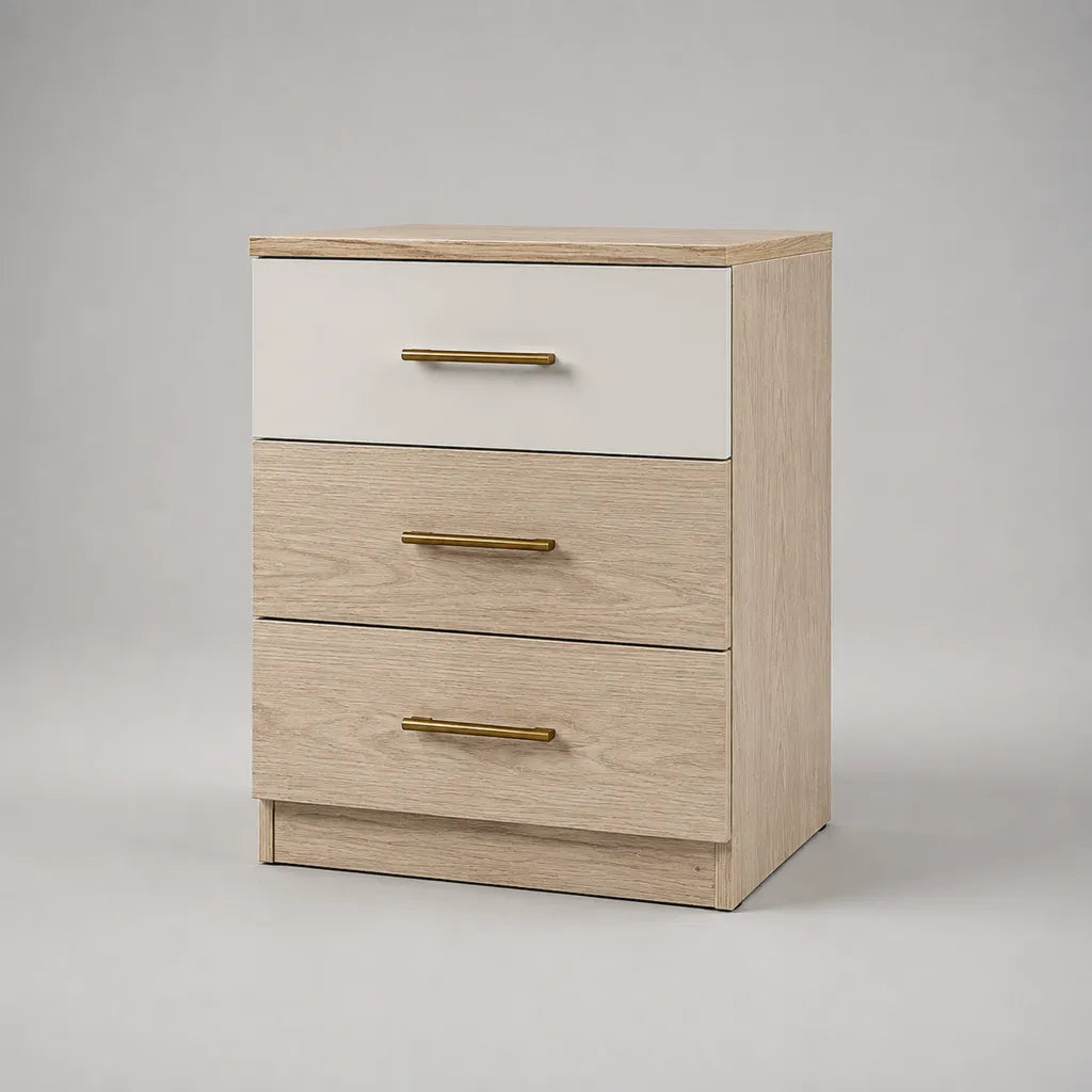 3 comodini rettangolare cassetto in pannello di particelle, chiaro, bianco e rovere dorato, 45 × 40 × 60 cm
