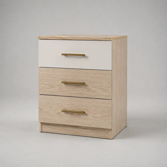 3 comodini rettangolare cassetto in pannello di particelle, chiaro, bianco e rovere dorato, 45 × 40 × 60 cm