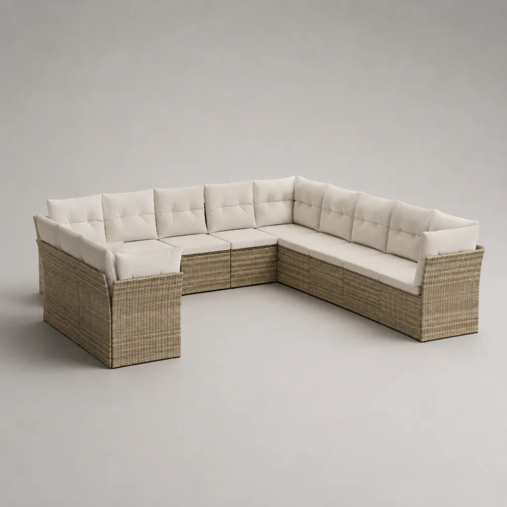 Divano esterno modulare da giardino 7 posti in resina intrecciata beige con cuscini crema, 280 × 280 × 75 cm