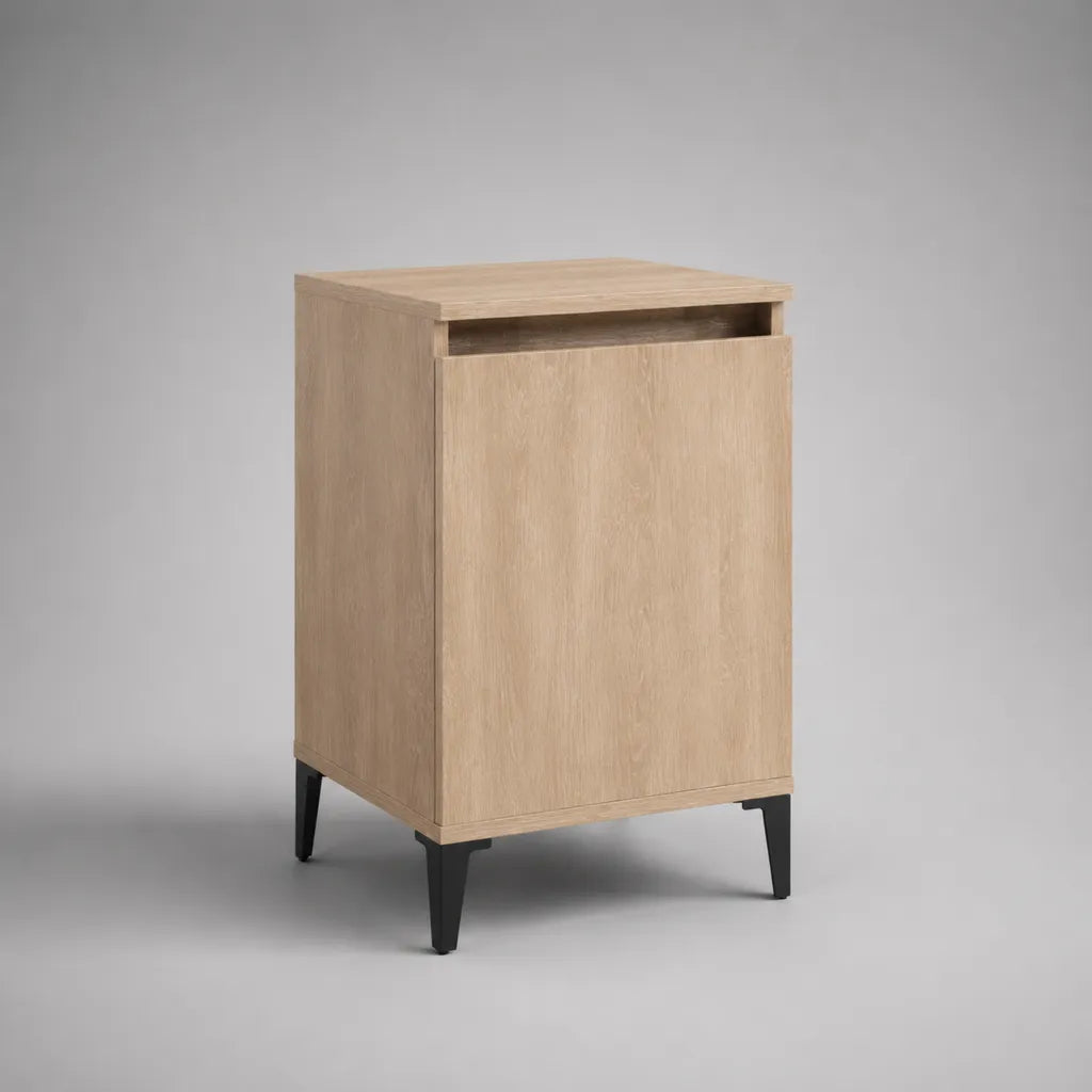 Comodino rettangolare in legno e acciaio con porta, rovere chiaro e nero, 40 × 35 × 65 cm