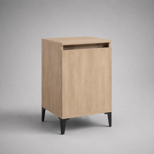 Comodino rettangolare in legno e acciaio con porta, rovere chiaro e nero, 40 × 35 × 65 cm
