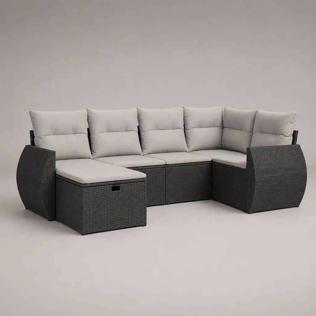 Giardino esterno soggiorno 7 camere, divano angolo 6 posti e pouf in resina intrecciata, grigio antracite e grigio chiaro, 278 × 214 × 85 cm