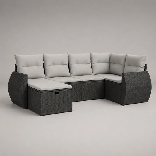 Giardino esterno soggiorno 7 camere, divano angolo 6 posti e pouf in resina intrecciata, grigio antracite e grigio chiaro, 278 × 214 × 85 cm