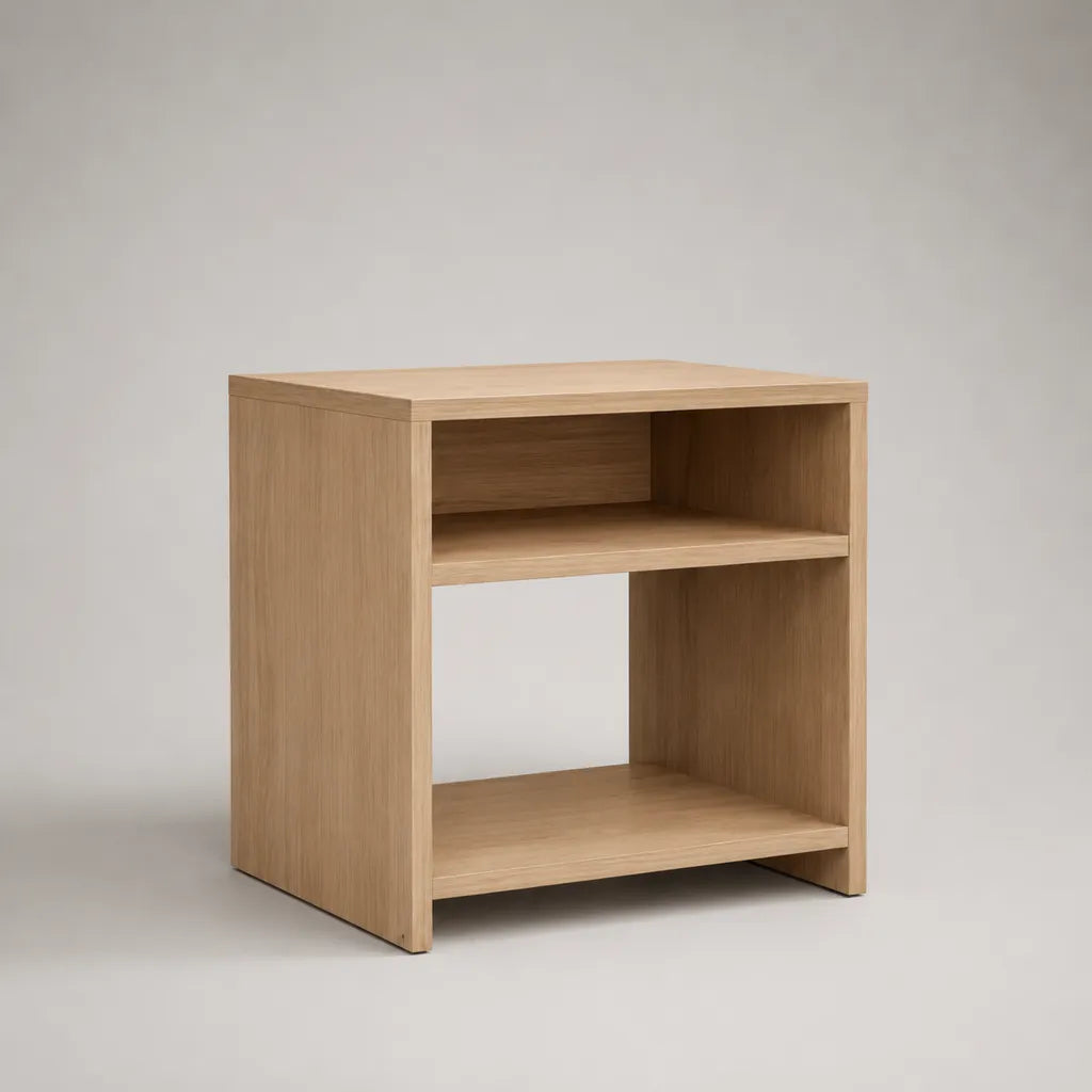 Comodino rettangolare in pannelli a particelle, rovere leggero, 2 nicchie, 45 × 35 × 55 cm