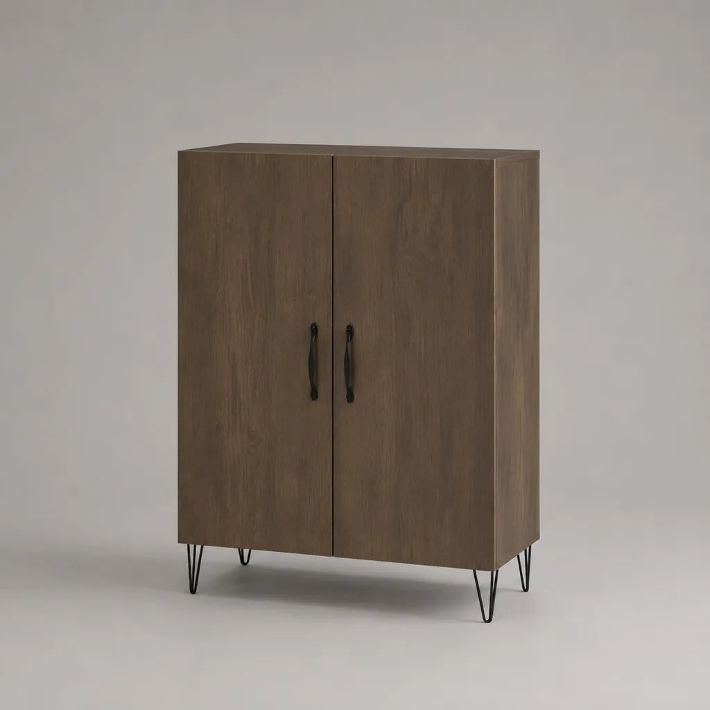 Piano rettangolare in legno e metallo con 2 porte, marrone noce e nero, 100 × 40 × 132 cm