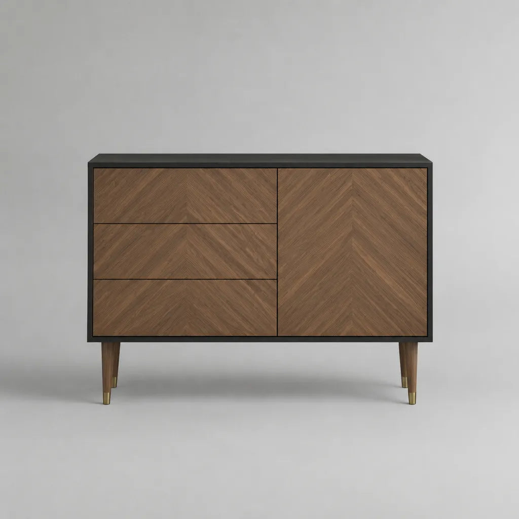Basso buffet in legno e noce placcato MDF, 3 cassetti e 1 porta, noce marrone e nero, 120 × 40 × 80 cm
