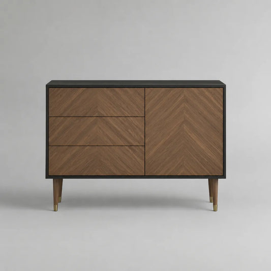 Basso buffet in legno e noce placcato MDF, 3 cassetti e 1 porta, noce marrone e nero, 120 × 40 × 80 cm