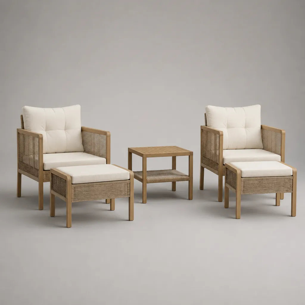 Mobili da giardino da esterno 5 camere in legno e corda in PP, naturali, beige ed ecru, poltrone 67 × 72 × 82 cm, poggiapiedi 58 × 50 × 42 cm, tavolo 50 × 50 × 50 cm