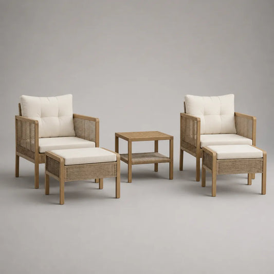 Mobili da giardino da esterno 5 camere in legno e corda in PP, naturali, beige ed ecru, poltrone 67 × 72 × 82 cm, poggiapiedi 58 × 50 × 42 cm, tavolo 50 × 50 × 50 cm