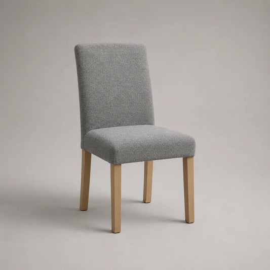 Sedia imbottita in tessuto grigio chiaro e legno naturale, 45 × 55 × 96 cm