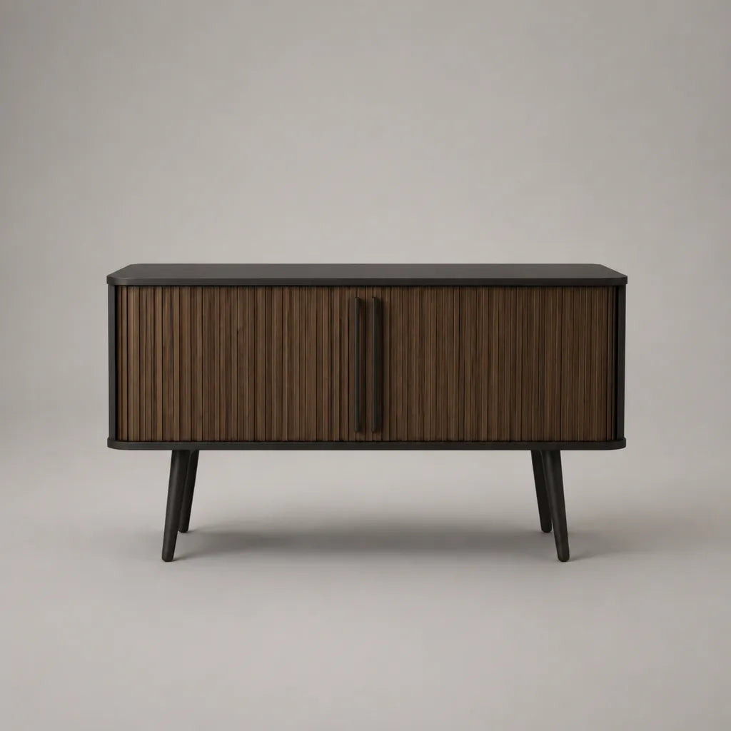 Credenza bassa rettangolare con 2 porte in legno e metallo, noce scuro e nero, 120 × 40 × 75 cm