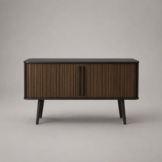 Credenza bassa rettangolare con 2 porte in legno e metallo, noce scuro e nero, 120 × 40 × 75 cm