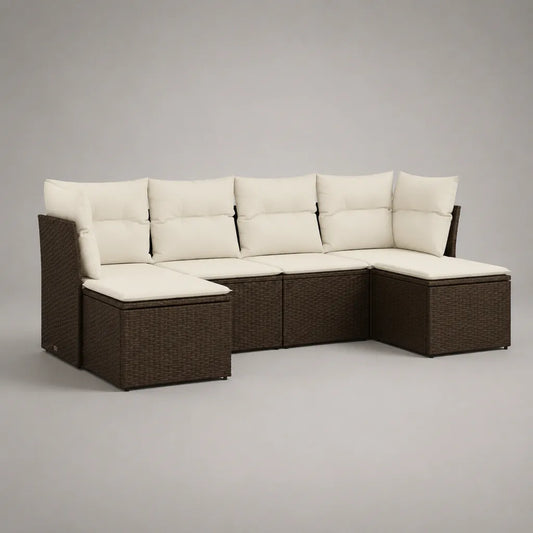 Divano da giardino modulabile in U 6 sedili in resina intrecciata e metallo marrone scuro con cuscini ecru, 260 × 140 × 74 cm