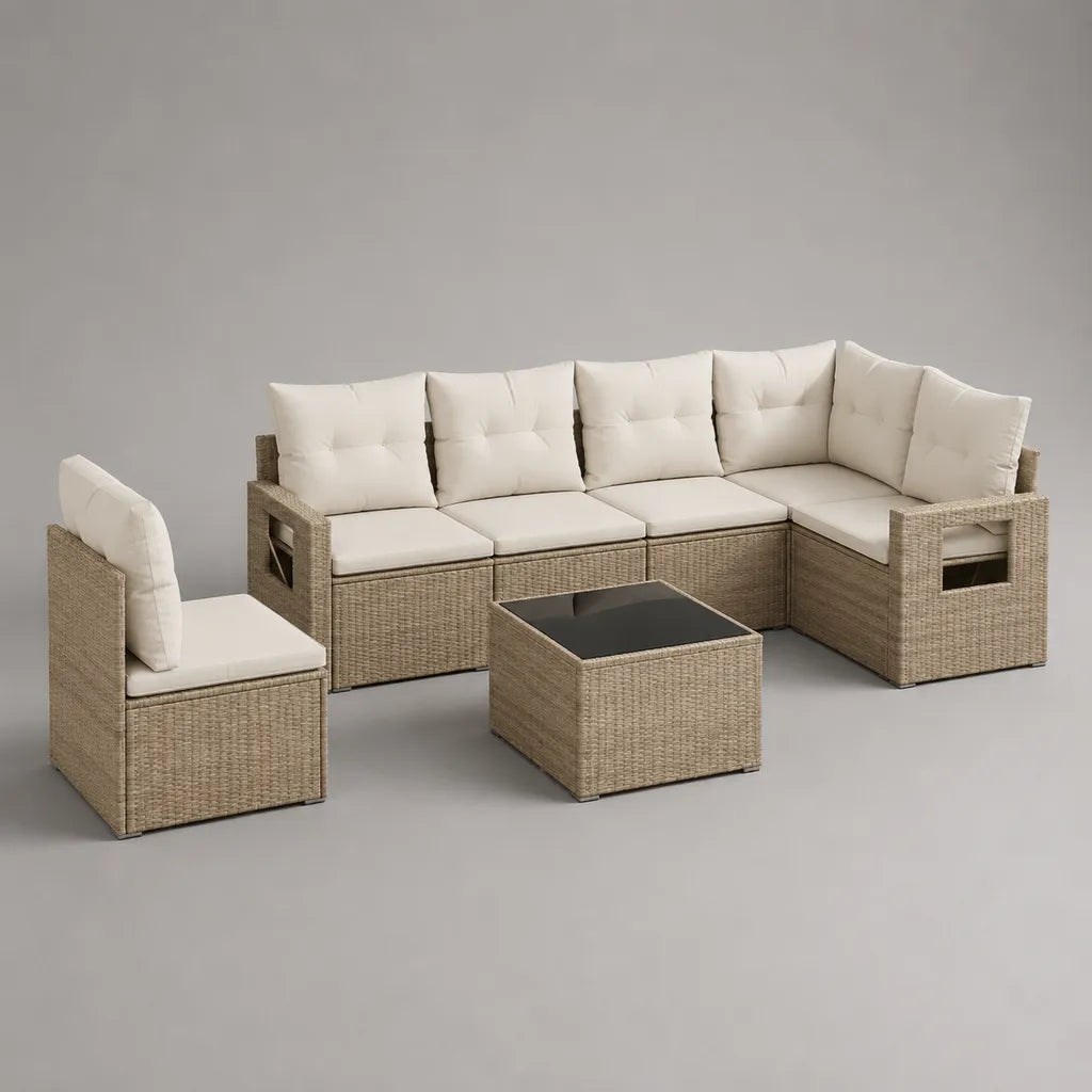 Angolo esterno giardino soggiorno 5 posti in resina intrecciata e vetro, beige, crema e nero, divano 235 × 170 × 74 cm, poltrona 65 × 65 × 74 cm e tavolino 65 × 65 × 35 cm