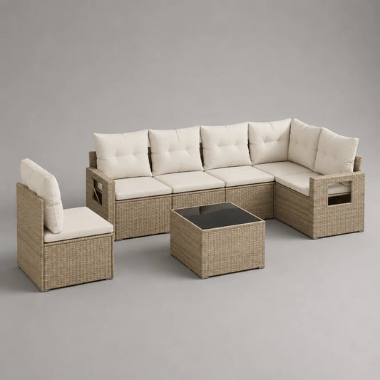 Angolo esterno giardino soggiorno 5 posti in resina intrecciata e vetro, beige, crema e nero, divano 235 × 170 × 74 cm, poltrona 65 × 65 × 74 cm e tavolino 65 × 65 × 35 cm