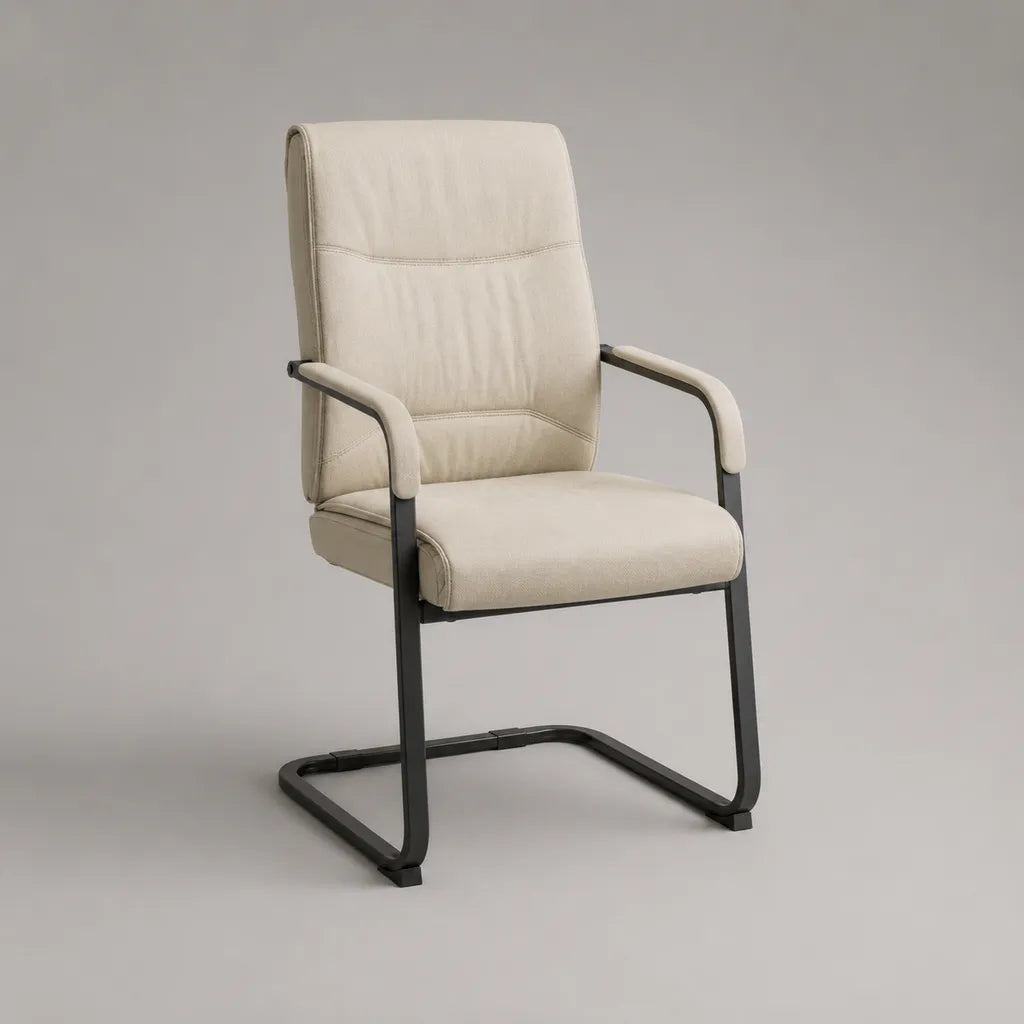 Sedia con braccioli in poliestere beige e acciaio nero, slitta, 58 × 62 × 98 cm