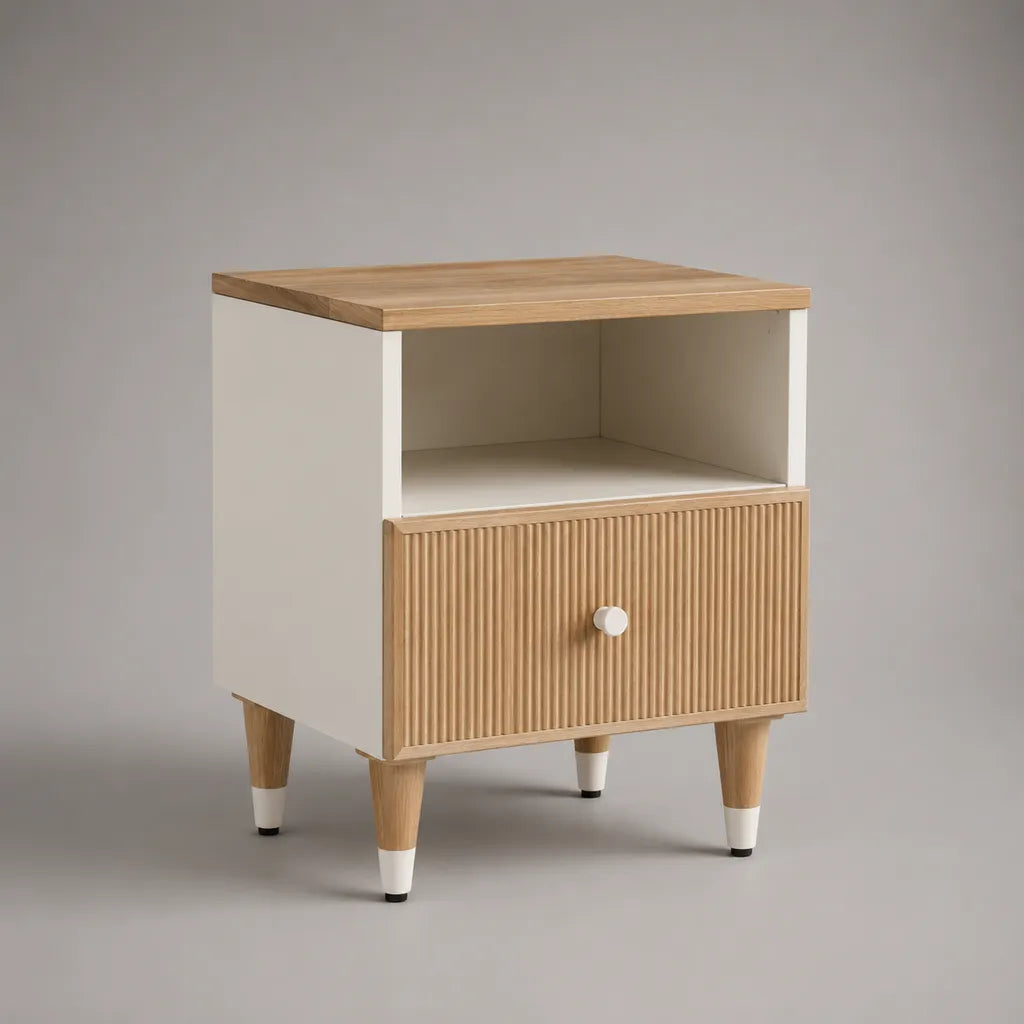 Comodino rettangolare in legno, 1 cassetto e 1 nicchia, rovere naturale e bianco, 45 × 40 × 60 cm