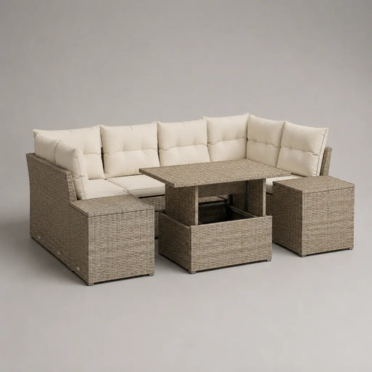 Soggiorno esterno in U 8 posti a sedere in resina intrecciata e acciaio, talpa e bianco rotto, 230 × 170 × 75 cm