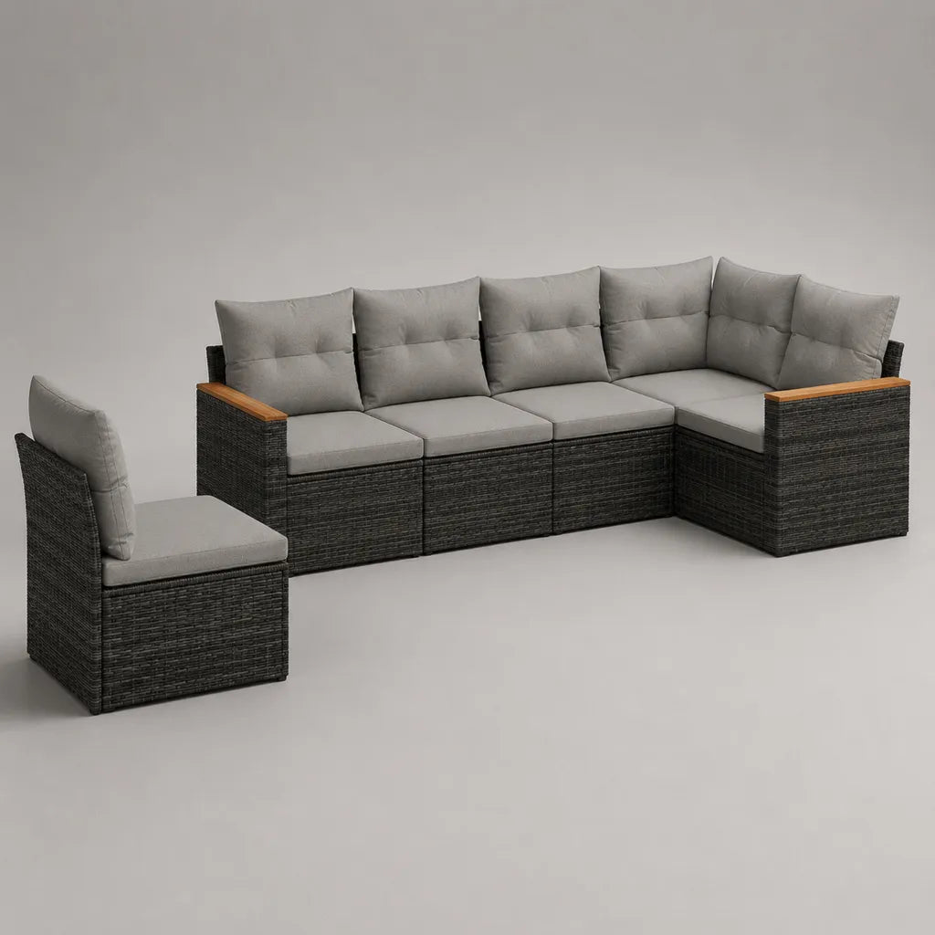 Mobili da giardino modulari a 5 posti in resina intrecciata e acciaio, a forma di L, grigio antracite e grigio chiaro, 260 × 135 × 74 cm