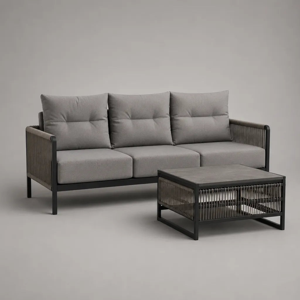 Giardino esterno 2 camere con divano 3 posti e tavolino rettangolare in acciaio, corda e vetro, grigio e antracite, divano 190 × 76 × 82 cm, tavolo 100 × 60 × 42 cm