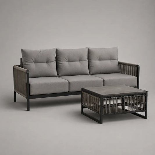 Giardino esterno 2 camere con divano 3 posti e tavolino rettangolare in acciaio, corda e vetro, grigio e antracite, divano 190 × 76 × 82 cm, tavolo 100 × 60 × 42 cm